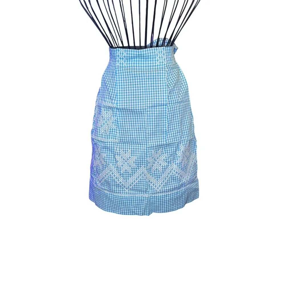 Gingham Half Apron Womens One Size Blue White Hand Embroidered Snowflake Retro